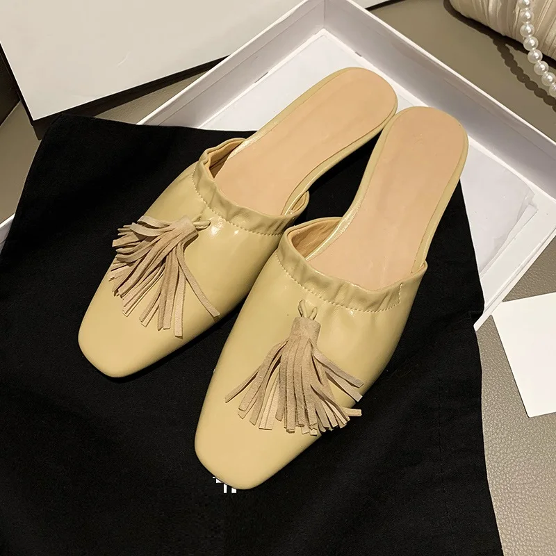 

Women’s Tassel Mules Flats Patent Leather Ladies Summer Shoes Outdoor Fringe Slides Heel 2.5cm Woman Casual Mule Slippers