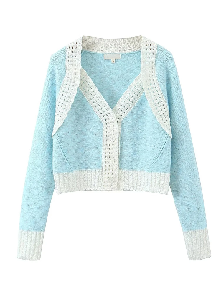 YENKYE Autumn Women Retro Sky Blue Spliced White Hollow Out Knitted Cropped Cardigan Long Sleeve V Neck Female Sweater
YENKYE Autumn Women Retro Sky Blue Spliced White Hollow Out Knitted Cropped Cardigan Long Sleeve V Neck Female Sweater