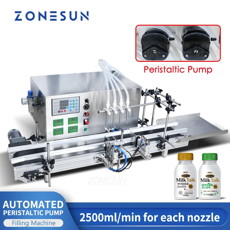 

ZONESUN Automatic Filling Machine Desktop Peristaltic Pump Perfume Milk Juice Liquid Water Filler With Conveyor