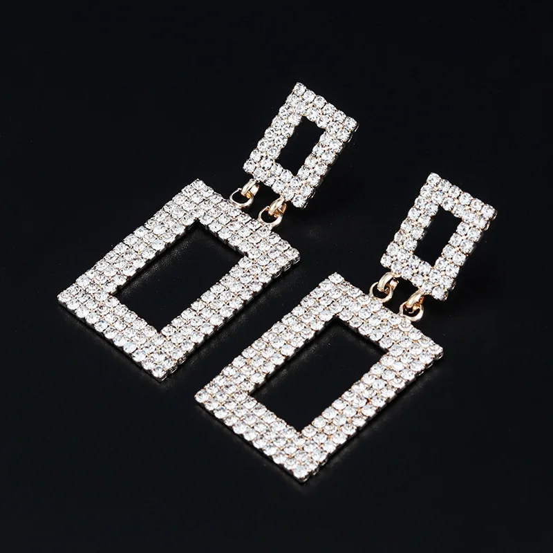 

Rhinestone earrings Fashion creativity Square hollow earrings Feminine temperament diamond studded geometric earrings Wholesale