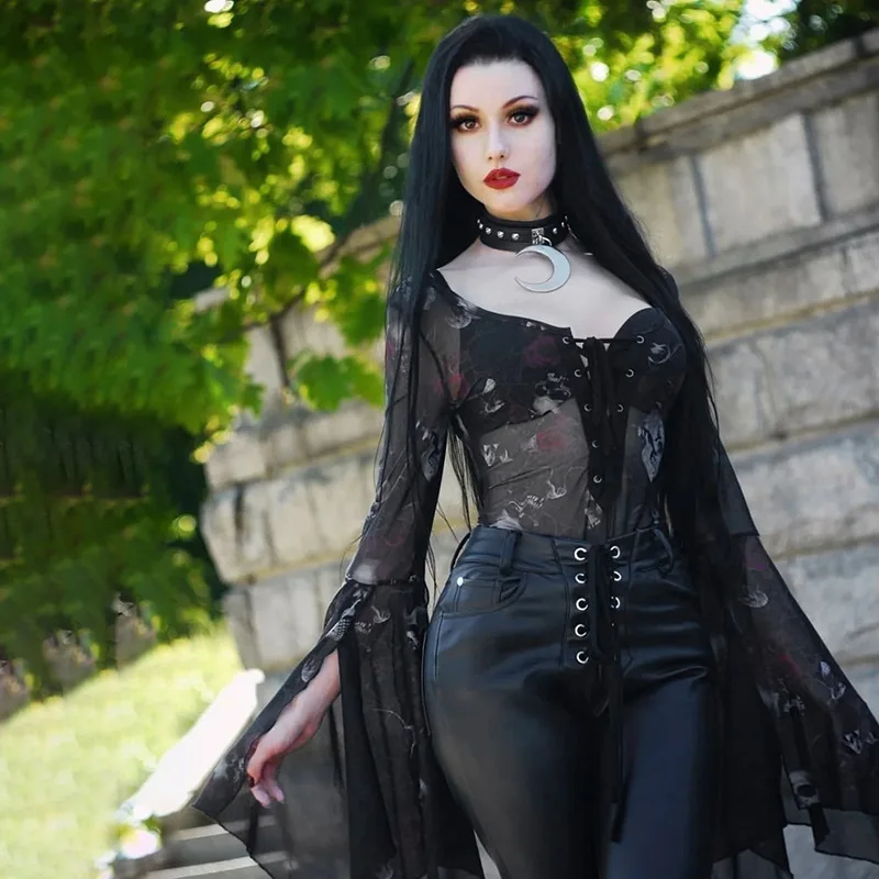 Cutistation Mesh See Through Gothic Black Sexy Bodysuits Women V-neck Drawstring Flared Long Sleeve Tops Halloween Egirl Clothes
Cutistation Mesh See Through Gothic Black Sexy Bodysuits Women V-neck Drawstring Flared Long Sleeve Tops Halloween Egirl Clothes