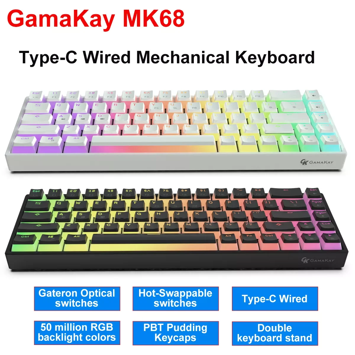 

Проводная Механическая клавиатура GamaKay MK68 Type-C, Gateron, оптический переключатель NKRO RGB, 68 клавиш, 65%, популярная сменная клавиатура для игры в пуд...