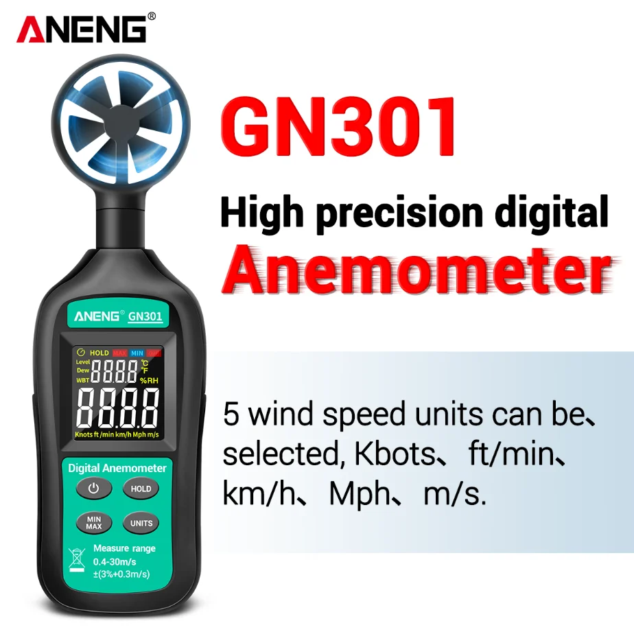 ANENG GN301 Digital Anemometer 0-30m/s Wind Speed Meter -10 ~ 45C Temperature Tester Anemometro with LCD Backlight Display
ANENG GN301 Digital Anemometer 0-30m/s Wind Speed Meter -10 ~ 45C Temperature Tester Anemometro with LCD Backlight Display