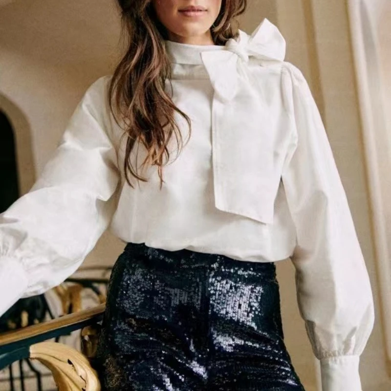 Women's bow decorative stand collar shirt 2023 spring new Ladies French vintage lantern sleeve Blouse and Tops
Women's bow decorative stand collar shirt 2023 spring new Ladies French vintage lantern sleeve Blouse and Tops