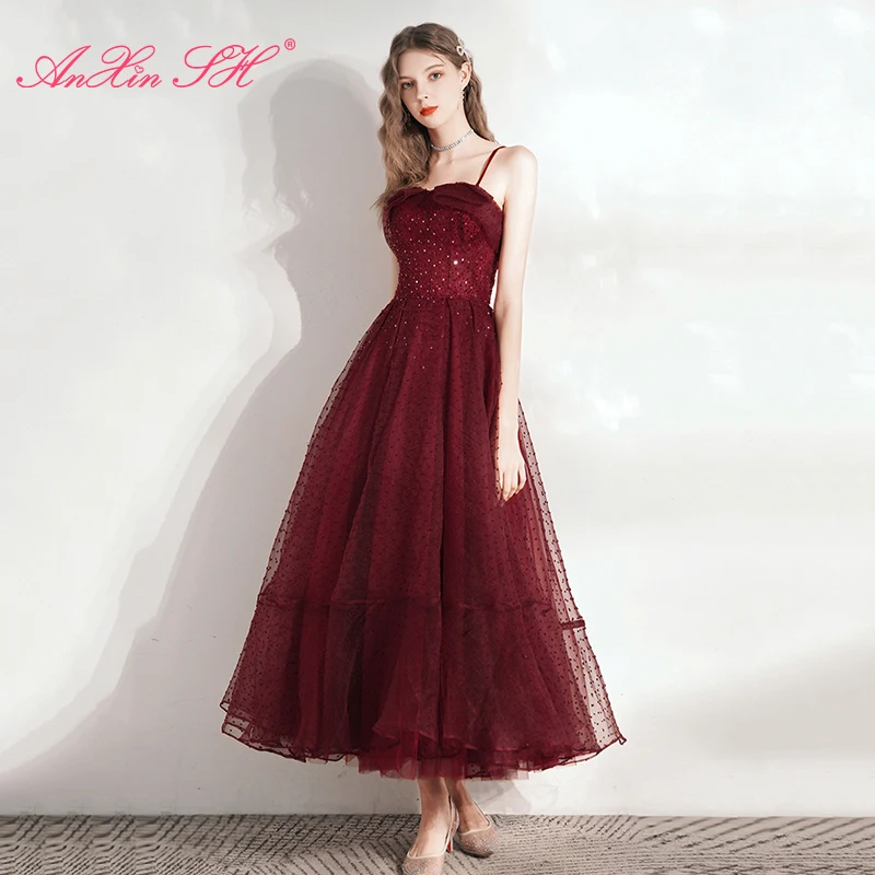 

Женское винтажное вечернее платье AnXin SH, винно-Красное Кружевное платье принцессы на тонких бретельках с большим бантом и бусинами