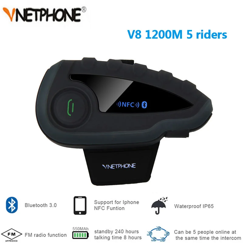 

Motorcycle Helmet Headset Intercom with FM Radio Vnetphone V8 VS without Remote Control 5-Way Group Talk NFC 1200M Bluetooth