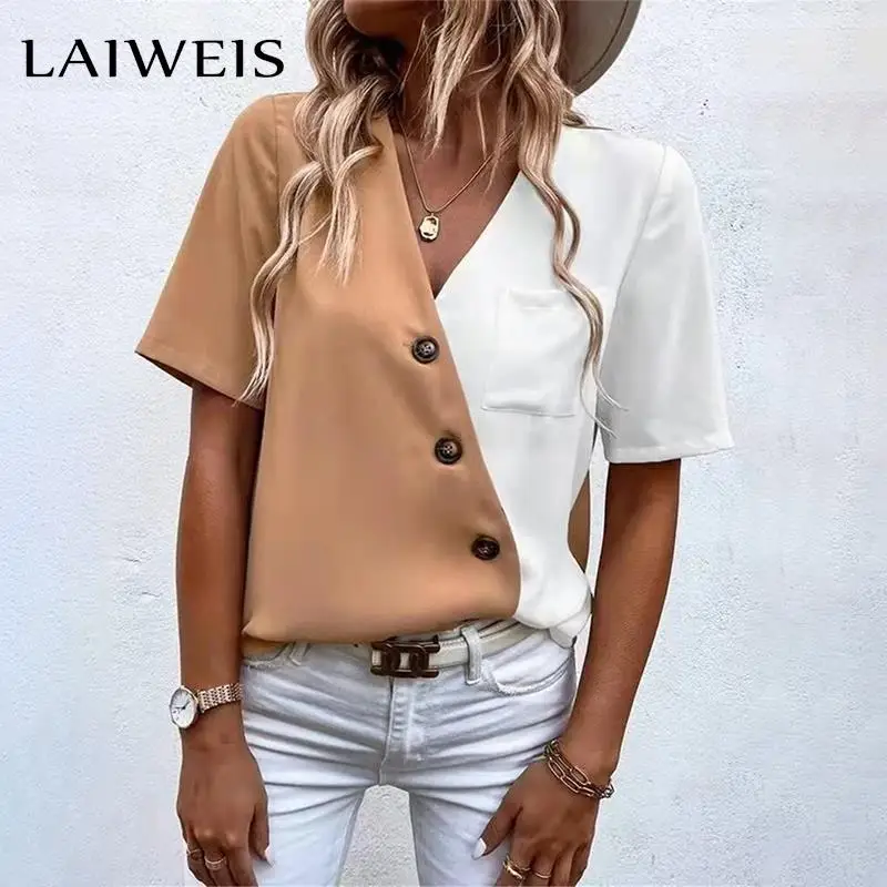 Summer New Women's V Neck Fashion Contrast Color Short-sleeved Shirt Top Casual Loose Button Pullover Streewear Blouse T Shirts
Summer New Women's V Neck Fashion Contrast Color Short-sleeved Shirt Top Casual Loose Button Pullover Streewear Blouse T Shirts