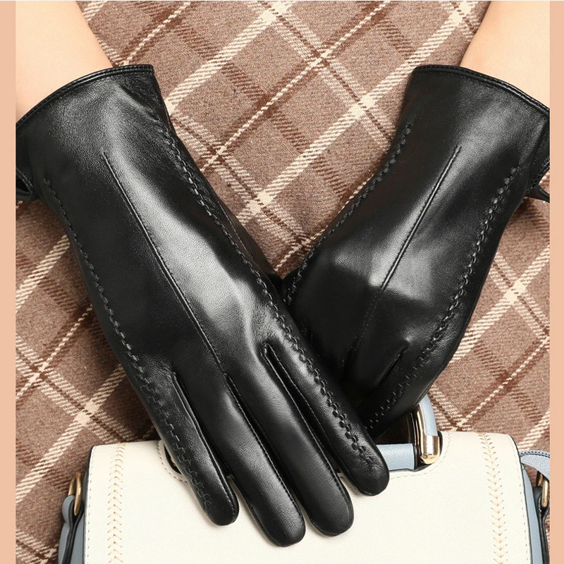 

2023 Winter French Real Leather Gloves Female High Quality Ladies Lambskin Autumn Winter Thermal Plushed Lined Women Driving Glo
