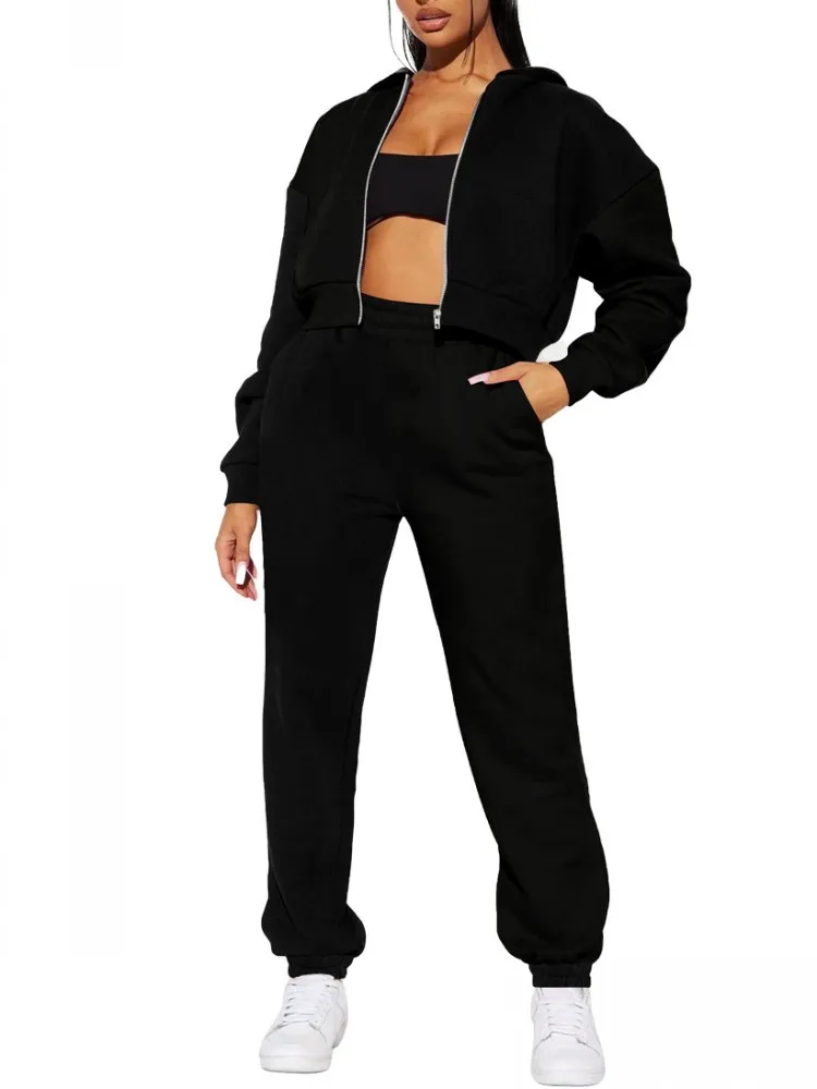 2 Piece Sets Womens Outfits Short Hooded Zip Jacket Top Pants Matching Sets Black Casual Tracksuit Two-piece Fall Winter Clothes
2 Piece Sets Womens Outfits Short Hooded Zip Jacket Top Pants Matching Sets Black Casual Tracksuit Two-piece Fall Winter Clothes