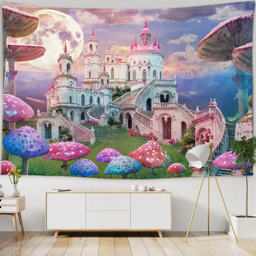 

Fantasy Mushroom Castle Tapestry Hippie Wall Hanging Psychedelic Forest Tapestry Carpets Room Dorm Decor Trippy Background Cloth