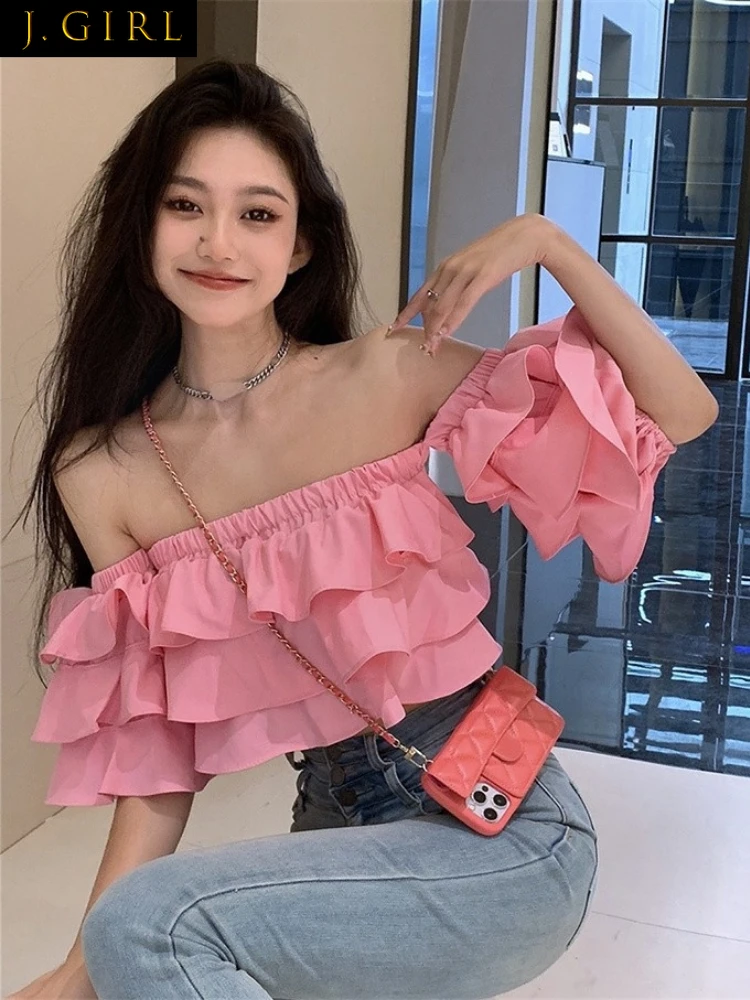 J GIRLS Sexy Women Shirts Off Shoulder Ruffles Patchwork Crop Tops Short Sleeve Slash Neck Solid Slim Ladies Blouse Casual
J GIRLS Sexy Women Shirts Off Shoulder Ruffles Patchwork Crop Tops Short Sleeve Slash Neck Solid Slim Ladies Blouse Casual