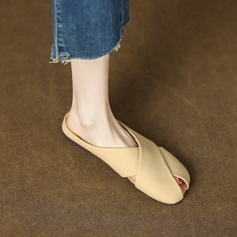 

Shoes Woman's Slippers Low Luxury Slides Cover Toe PU 2023 Summer Rubber Soft Designer Flat Hoof Heels Basic Fabric Fretwork