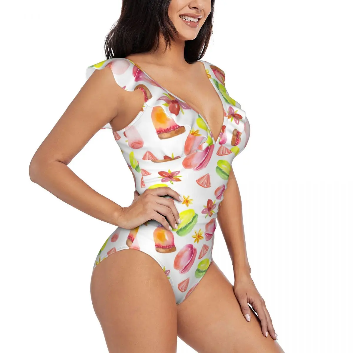 

Ruffled One-piece Swimsuit Women Watercolor Sweets Cakes Macaroons Donuts Sexy Lace Up Monokini Swimwear Girl Beach Bathing Suit