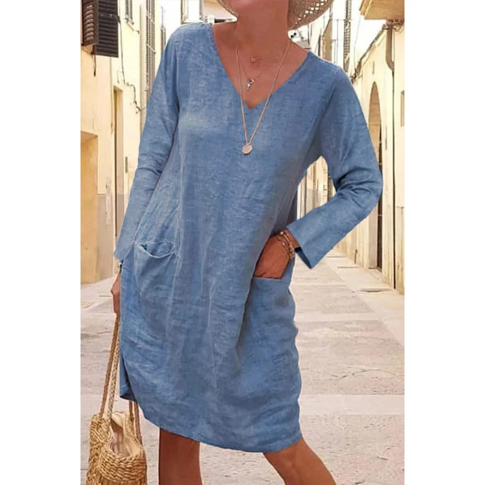 2022 Summer Fashion Dress Women's Blue Loose V-neck Short Sleeve Casual Dresses Female New Spring Cotton Soft Ladies Clothes
2022 Summer Fashion Dress Women's Blue Loose V-neck Short Sleeve Casual Dresses Female New Spring Cotton Soft Ladies Clothes