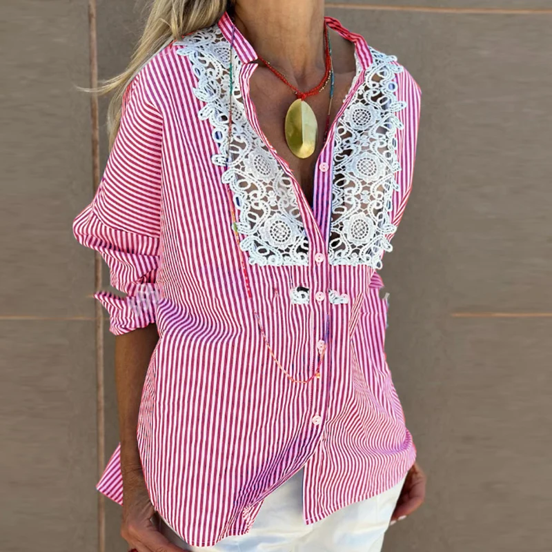 Elegant Stitch Hollow Lace Jacquard Blusas Tops Commute Long Sleeve Striped V-neck Shirts and Blouses 2023 Women Button Shirts
Elegant Stitch Hollow Lace Jacquard Blusas Tops Commute Long Sleeve Striped V-neck Shirts and Blouses 2023 Women Button Shirts