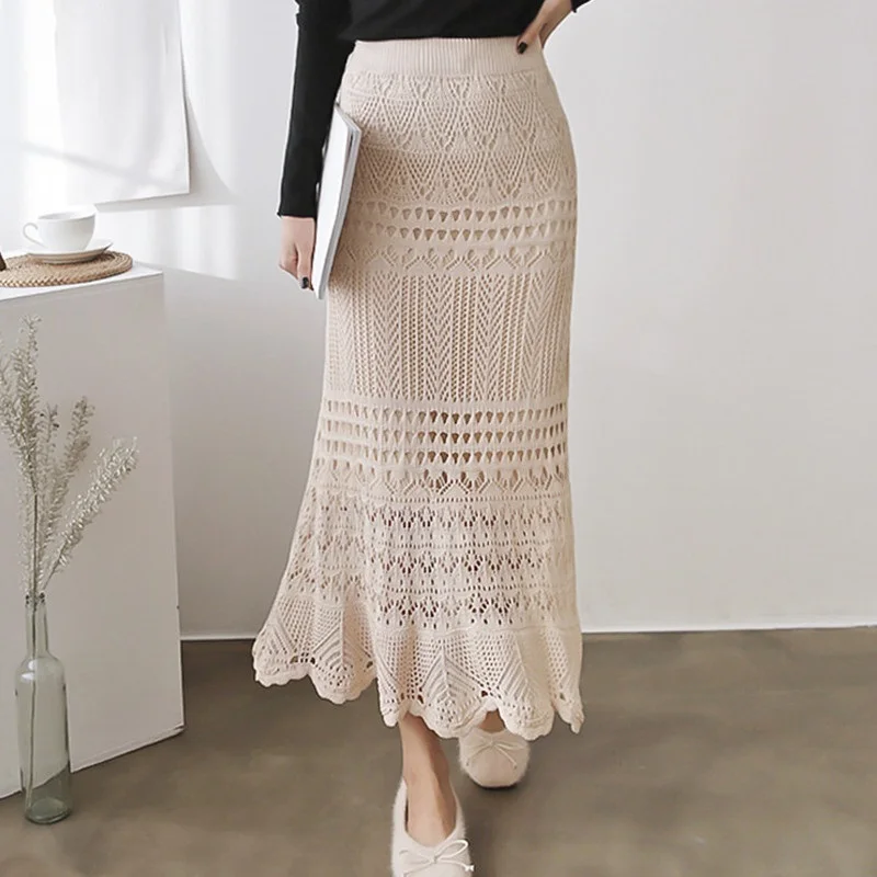 

2023 Korean New Graceful Women's Knitting Long Skirts Sexy High Waist Hollow Out Elastic Mermaid Hem Bodycon Skirt Black Khaki