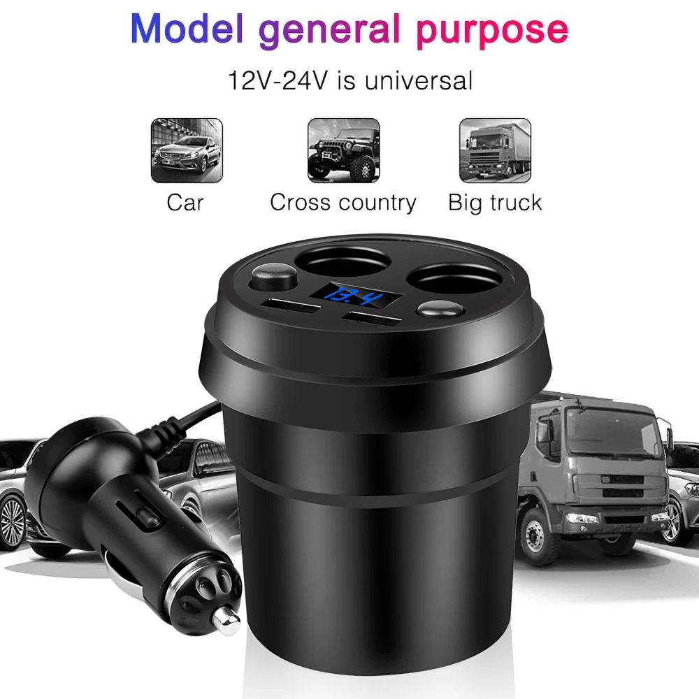 

Car Charger Cup Power Socket Adapter 2 USB DC/5V 3.1A Cigarette Lighter Splitter Mobile Phone Chargers With Voltage LED Display