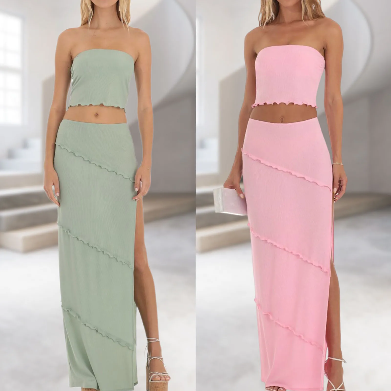 Summer Slim Fit Sexy 2 Piece Outfits Strapless Sleeveless Side Split Women's Dress Solid Color Fashion Streetwear Dress
Summer Slim Fit Sexy 2 Piece Outfits Strapless Sleeveless Side Split Women's Dress Solid Color Fashion Streetwear Dress