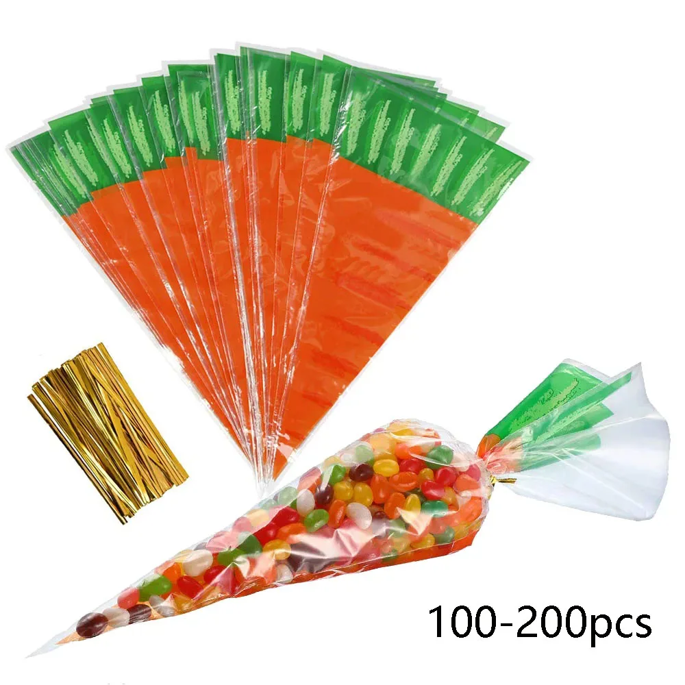 

100/200pcs Easter Carrot Patterned Cone Shaped Treat Bags Triangle Goody Bags Easter Decor Supplies Treat Bags For Easter
