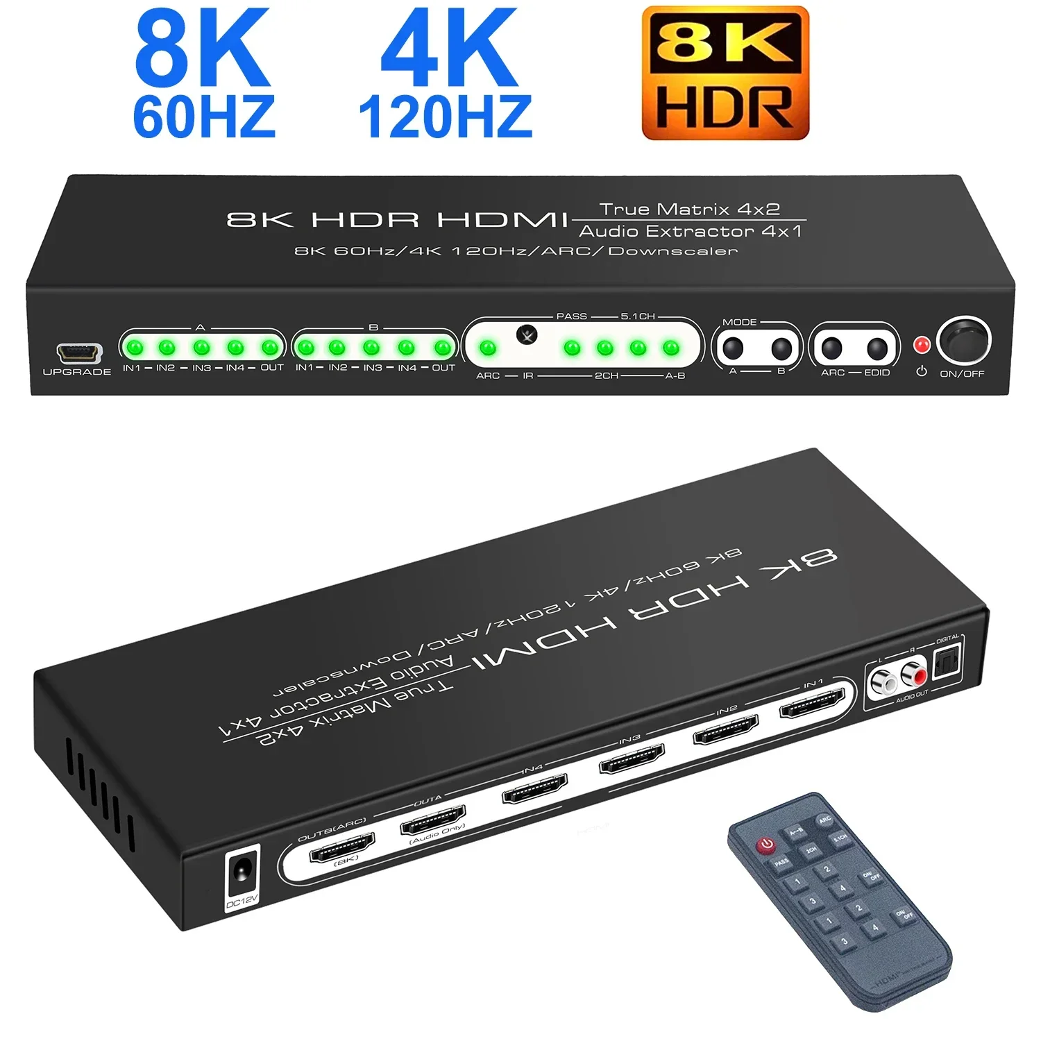 HDMI2.1 8K Matrix Switcher 4x2 Matrix HDMI Switcher Splitter 4 в 2 выхода с оптическим L/R 5.1CH ARC Audio Extractor 4K @ 120 Гц HDR 3D
HDMI2.1 8K Matrix Switcher 4x2 Matrix HDMI Switcher Splitter 4 в 2 выхода с оптическим L/R 5.1CH ARC Audio Extractor 4K @ 120 Гц HDR 3D