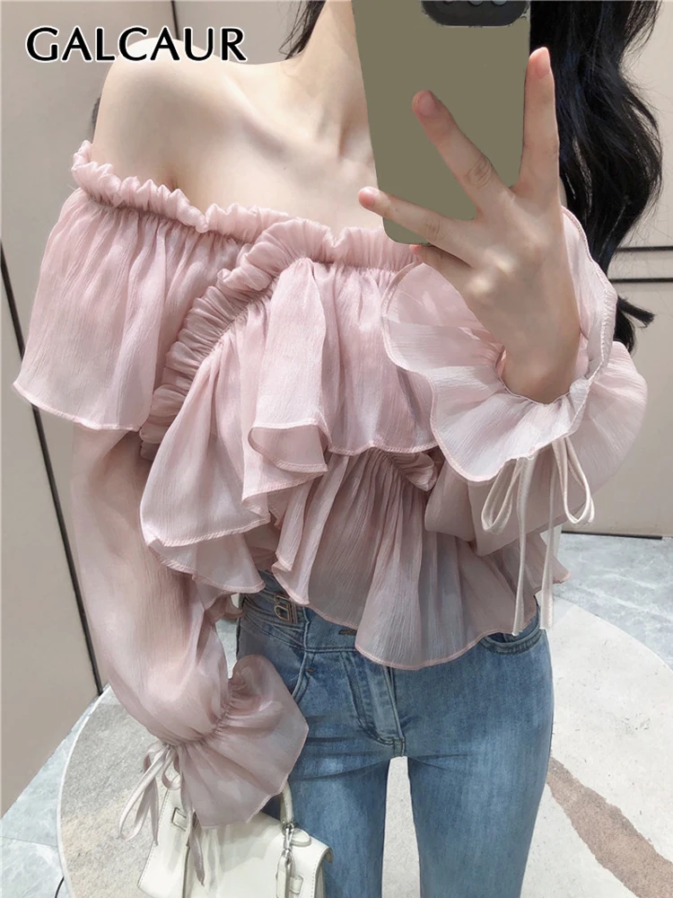 GALCAUR Ruffle Trim Shirt For Women Slash Neck Flare Sleeve Patchwork Bowknot Fashion Vintage Solid Blouse Female 2022 Spring
GALCAUR Ruffle Trim Shirt For Women Slash Neck Flare Sleeve Patchwork Bowknot Fashion Vintage Solid Blouse Female 2022 Spring