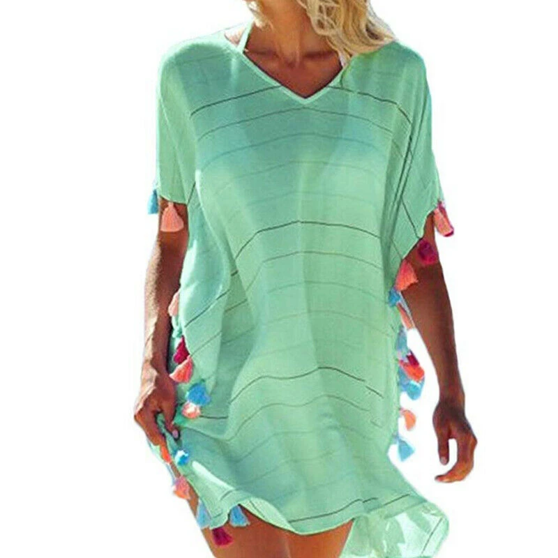 Women's Bikini Cover Up Striped Hip Length Short Sleeve Bikini Cover Up V-Neck Colorful Tassel Loose Dress For Swimming Wears
Women's Bikini Cover Up Striped Hip Length Short Sleeve Bikini Cover Up V-Neck Colorful Tassel Loose Dress For Swimming Wears