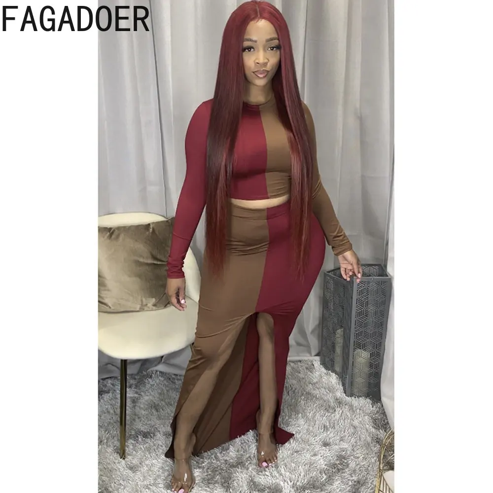 FAGADOER Fall Women Color Patchwork Two Piece Sets Female Long Sleeve Crop Top + Skinny Slit Skirt Outfits Fashion Outfits 2022
FAGADOER Fall Women Color Patchwork Two Piece Sets Female Long Sleeve Crop Top + Skinny Slit Skirt Outfits Fashion Outfits 2022