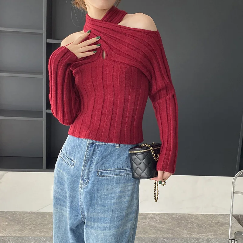 Autumn and winter women's casual solid color halter neck off-shoulder slim sweater
Autumn and winter women's casual solid color halter neck off-shoulder slim sweater