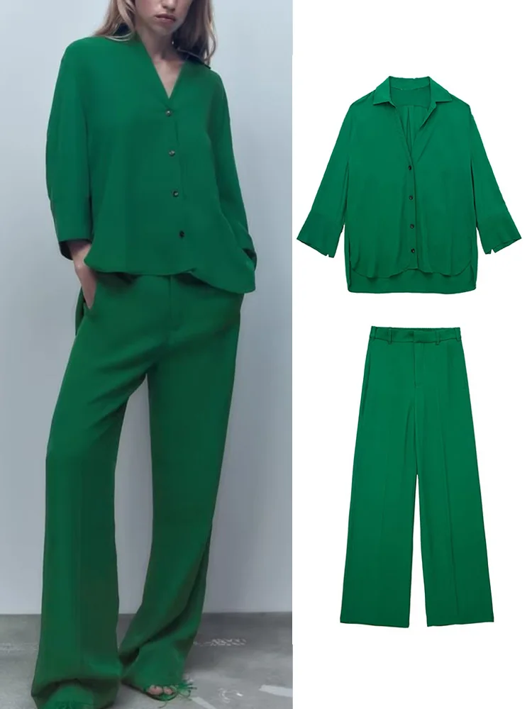 TRAF 2022 Spring Autumn Women Green Blouse Suit Oversized Fashion Asymmetrical Single Breasted Top Wide Leg Pants Street Outwear 
TRAF 2022 Spring Autumn Women Green Blouse Suit Oversized Fashion Asymmetrical Single Breasted Top Wide Leg Pants Street Outwear