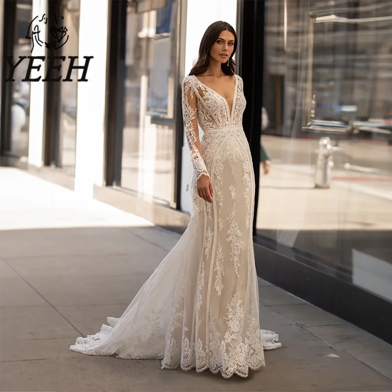 YEEH Elegant Illusion Wedding Dress Lace Appliques Bridal Gown Long Sleeves Mermaid Court Train Vestido De Noiva for Bride
YEEH Elegant Illusion Wedding Dress Lace Appliques Bridal Gown Long Sleeves Mermaid Court Train Vestido De Noiva for Bride