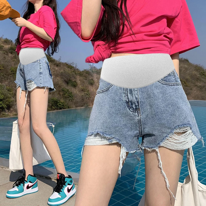 

1138# Summer Casual Denim Maternity Shorts Pockets High Waist Belly Short Jeans Clothes for Pregnant Women Hot Fringed Pregnancy