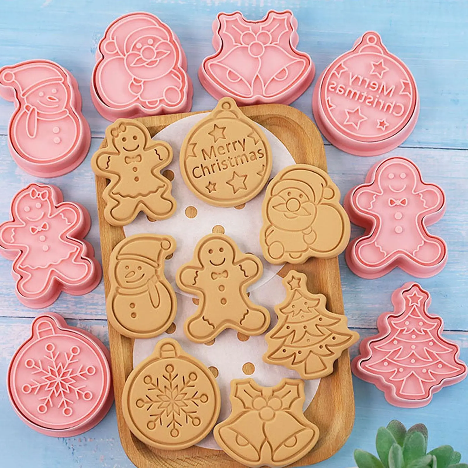 

8pcs/set Christmas Biscuit Mold Santa Snowman Tree Fondant Pressure Elk Baking Tools Cute Sugarcraft Pattern Cookie Stamp J5i1