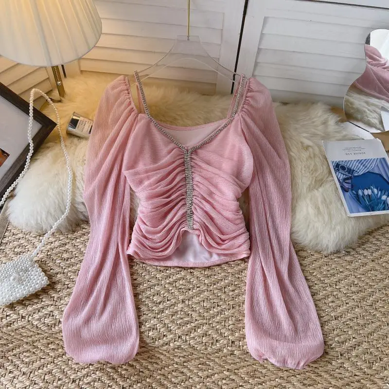 

WDMSNA темпераментная блузка с открытыми плечами из бисера, женская рубашка с рукавами-фонариками, топ для весны, Женские французские Короткие складки, блузы, Топ