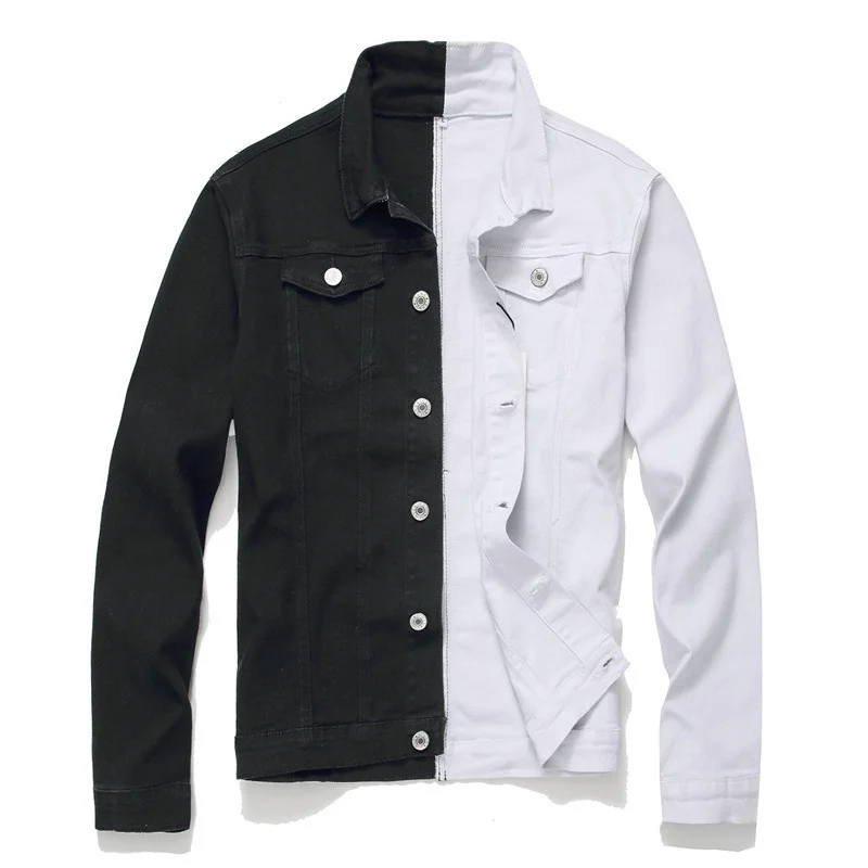 

Men Streetwear Black white Two-tone Patchwork Slim Fit Jean Jackets motorcycle man Hip hop Cotton Casual Denim Jackets coats