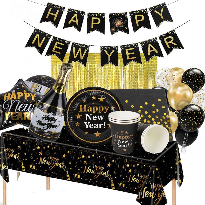 2023 New Year party decoration Plate Cup tablecoth banner black gold Wine Bottle Foil Balloon new year eve xmas Party decor noel
2023 New Year party decoration Plate Cup tablecoth banner black gold Wine Bottle Foil Balloon new year eve xmas Party decor noel