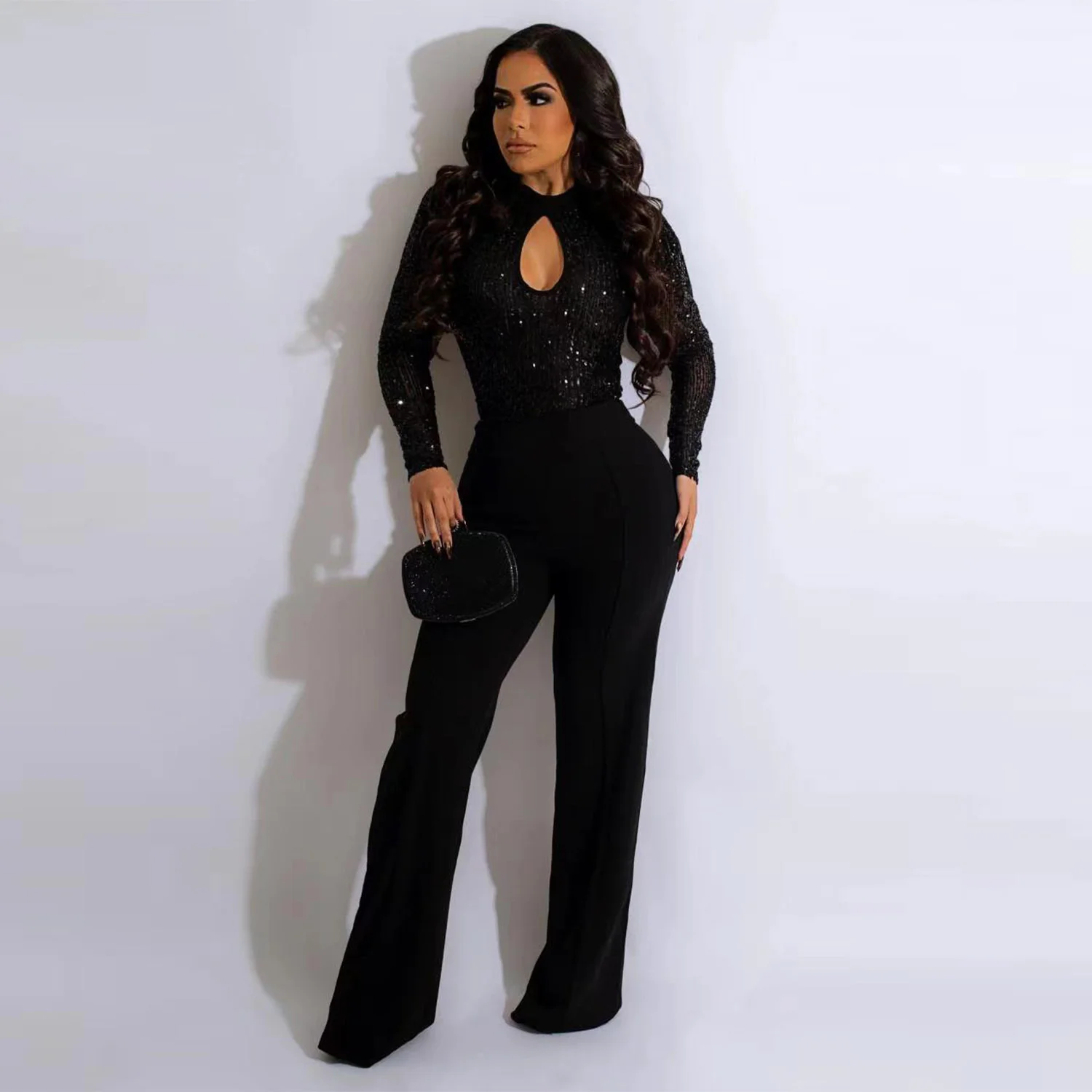 

Autumn/Winter fashion new openwork crewneck long sleeves women's sequin pleated slim fit hip jumpsuit