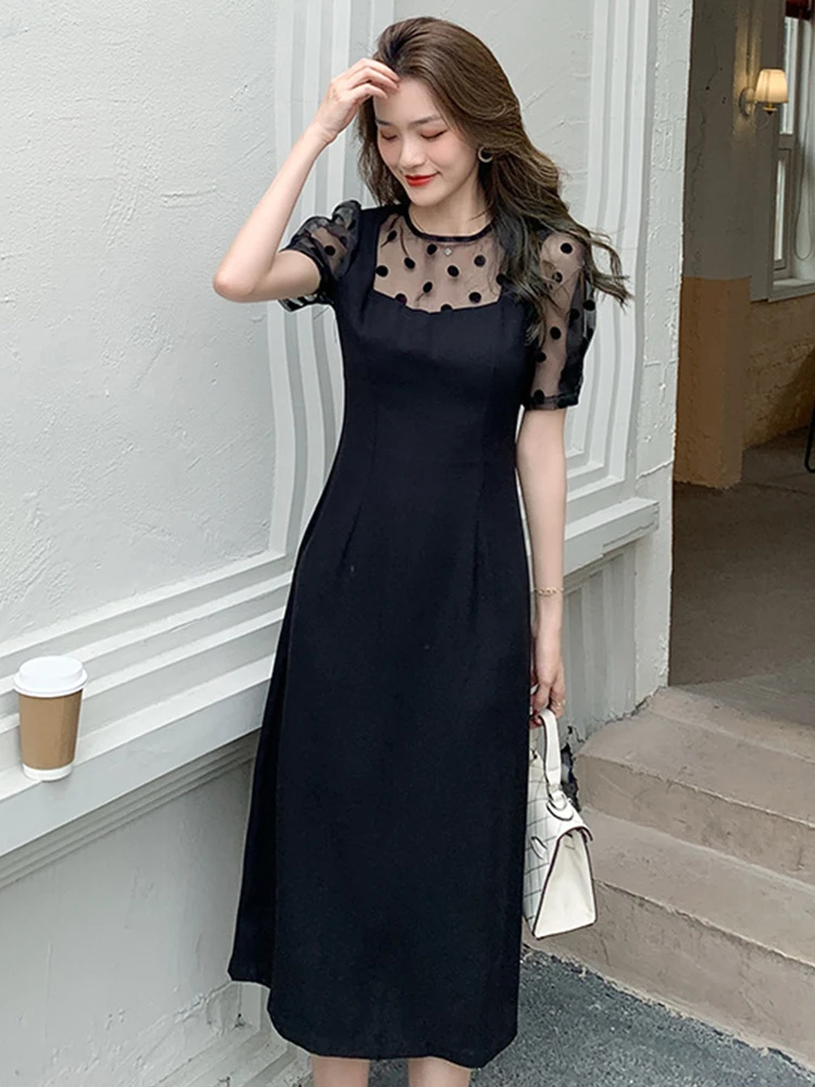 Fashion Korean Style Midi Dress for Women Sweet Mesh Dot Patchwork Short Sleeve Long Robe Streetwear Office Lady Vestido Mujer
Fashion Korean Style Midi Dress for Women Sweet Mesh Dot Patchwork Short Sleeve Long Robe Streetwear Office Lady Vestido Mujer