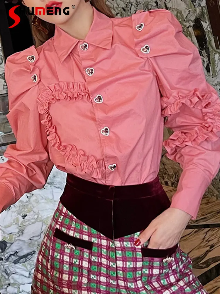 Women's Luxury Pink Blouses 2022 Fall New Fashion Lapel Wave Pinch Pleated Peach Heart Drill Buckle Puff Sleeve Shirts for Women
Women's Luxury Pink Blouses 2022 Fall New Fashion Lapel Wave Pinch Pleated Peach Heart Drill Buckle Puff Sleeve Shirts for Women