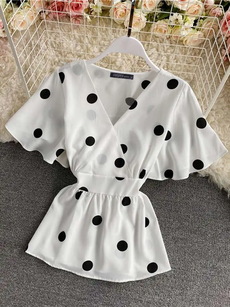

Fashion Womens Polka Dots Blouse 2022 Summer Office Lady V Neck Work Blouse Oversized Casual Printed Loose Blouse Tops Tunics