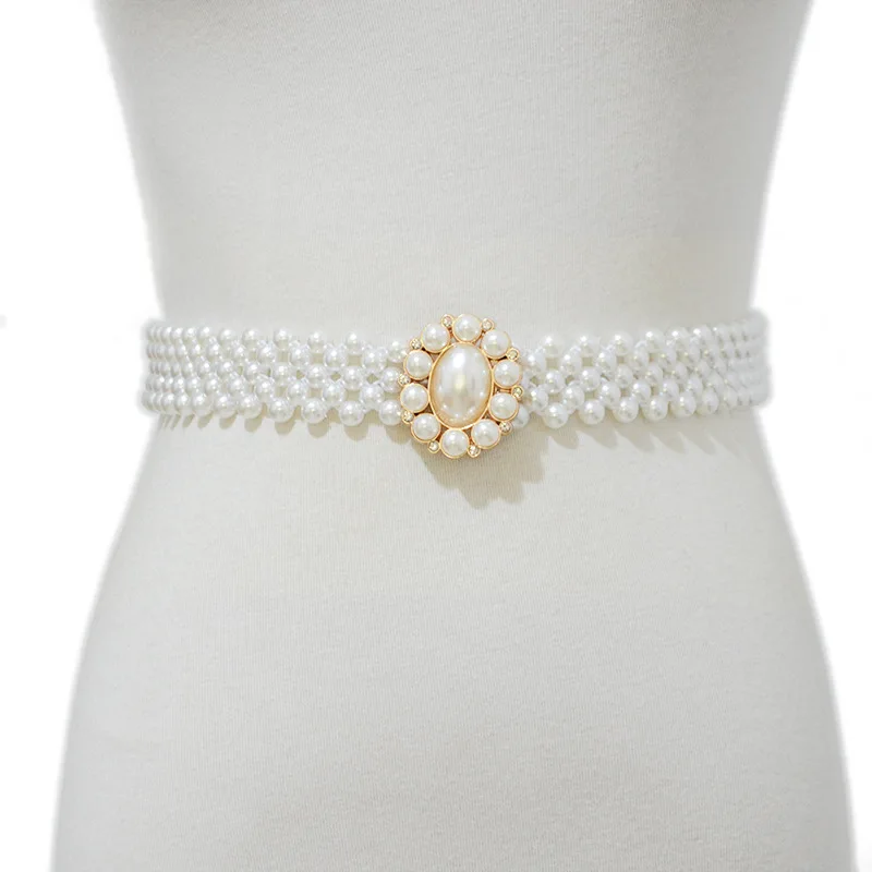 

Ремень женский стрейчевый с жемчужинами, роскошный модный тонкий пояс с белыми цветами для джинсов и платьев, 2022