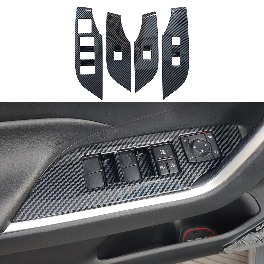 4pc Carbon Fiber Color Automobile Door Window Control Panel Cover Trim for Toyota RAV4 2019-2022 North American Version 
4pc Carbon Fiber Color Automobile Door Window Control Panel Cover Trim for Toyota RAV4 2019-2022 North American Version