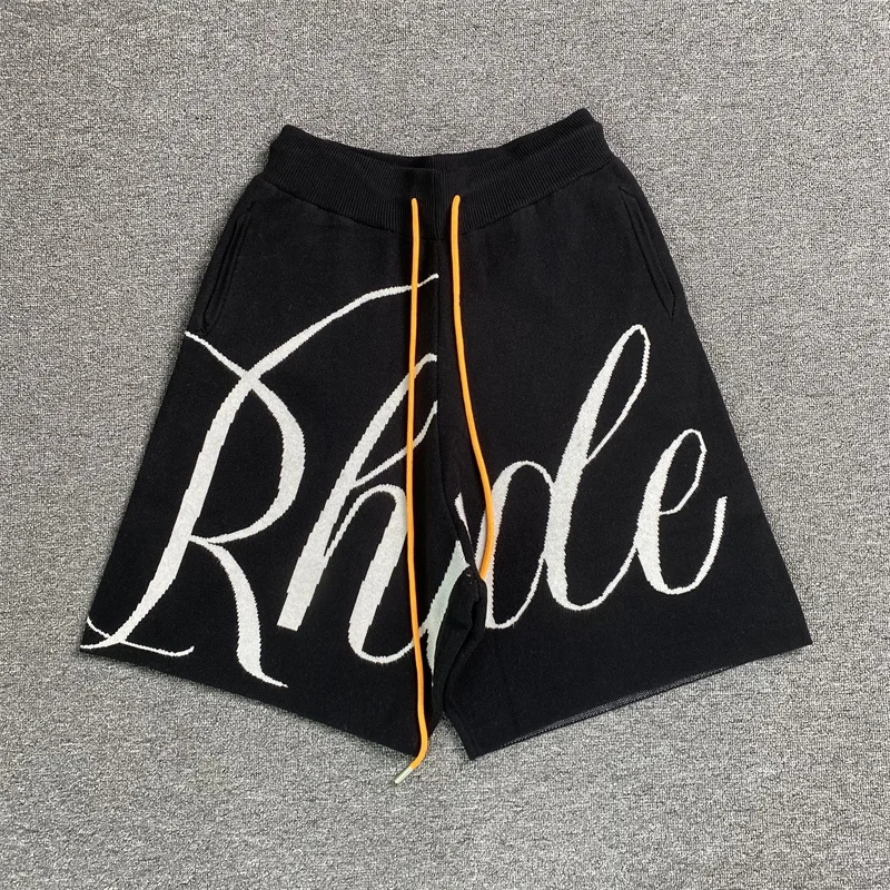 

2023 Spring Summer Rhude Style Shorts Men Women High Quality Casual Big Logo Shorts Elastic Waist Yellow Drawcord Streetwear