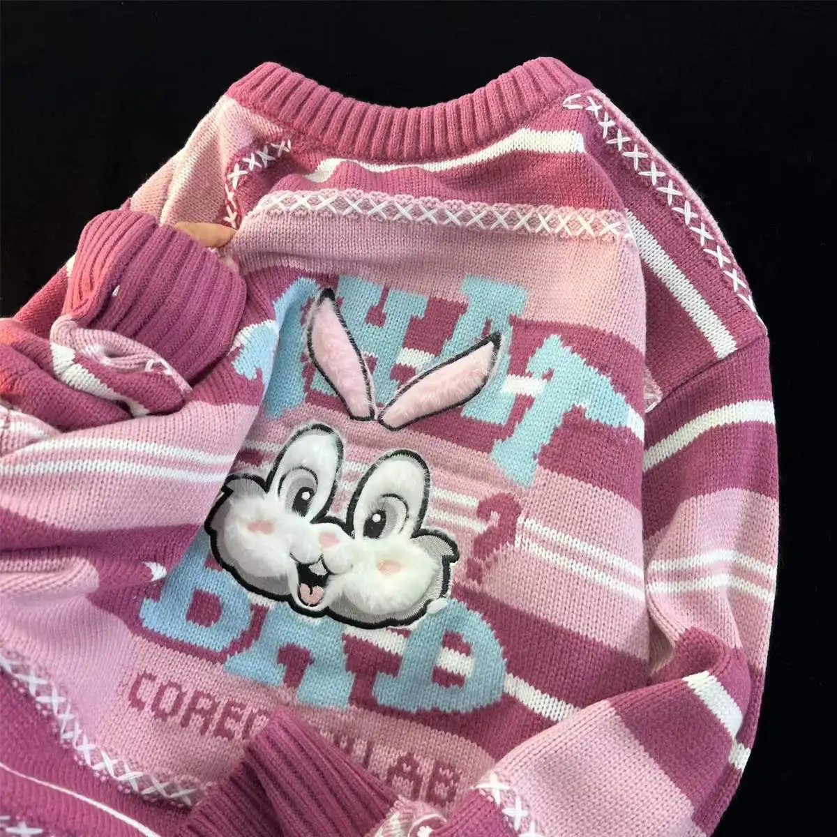 Korean sweet and cool bunny striped knitted sweater for women in autumn and winter loose outer wear and soft waxy coat y2k tops
Korean sweet and cool bunny striped knitted sweater for women in autumn and winter loose outer wear and soft waxy coat y2k tops