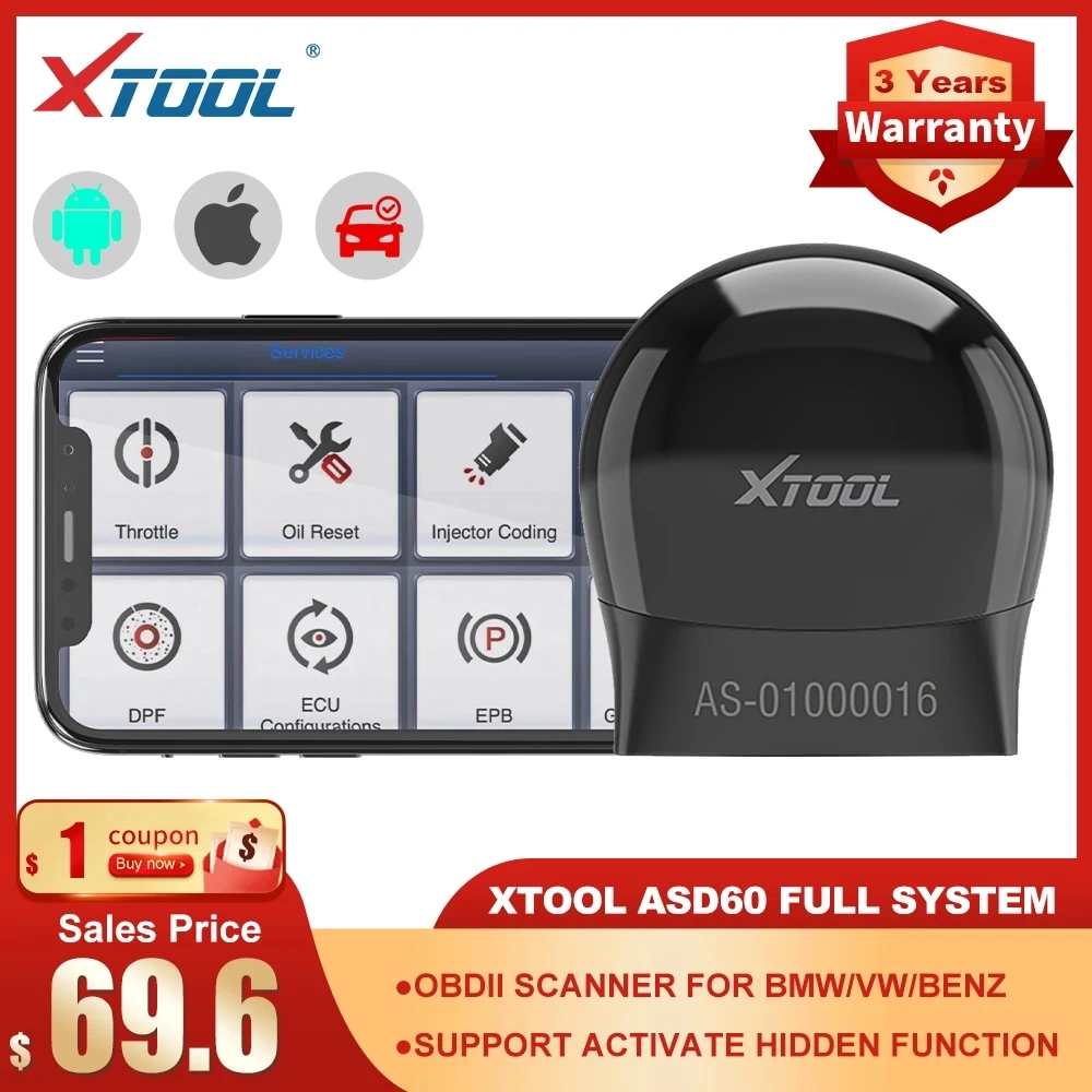 XTOOL ASD60 Full Systems Diagnostic Tools For Benz For VW for BMW OBDII Code Reader Activate Hidden Function 9 Service Functions
XTOOL ASD60 Full Systems Diagnostic Tools For Benz For VW for BMW OBDII Code Reader Activate Hidden Function 9 Service Functions