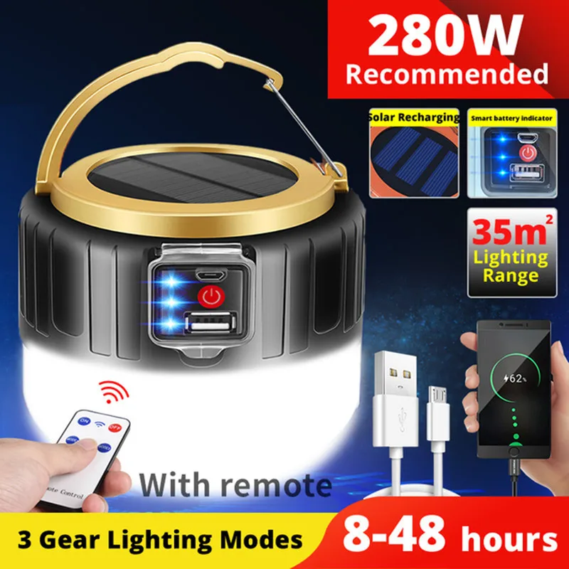 

280W Solar Lamp LED Lamp Rechargeable Energy Saving Lantern IP6 Waterproof Light Camping Powerful Power Banks Remote Control