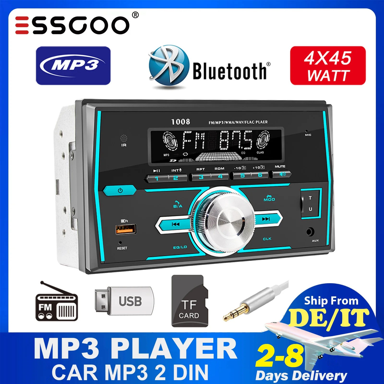

ESSGOO 2 Din Car MP3 Player Dual BT 5.1 Voice Assistant TF FM AUX USB Charging Car Autoradio Phone App Locate Find the Car
