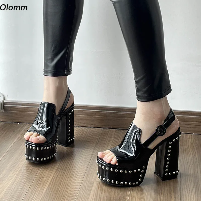 

Olomm Handmade Women Shiny Sandals Studded Buckle Hoof Heels Square Toe Black BlueLadies Party Shoes US Size 35 43 44 45 46 47