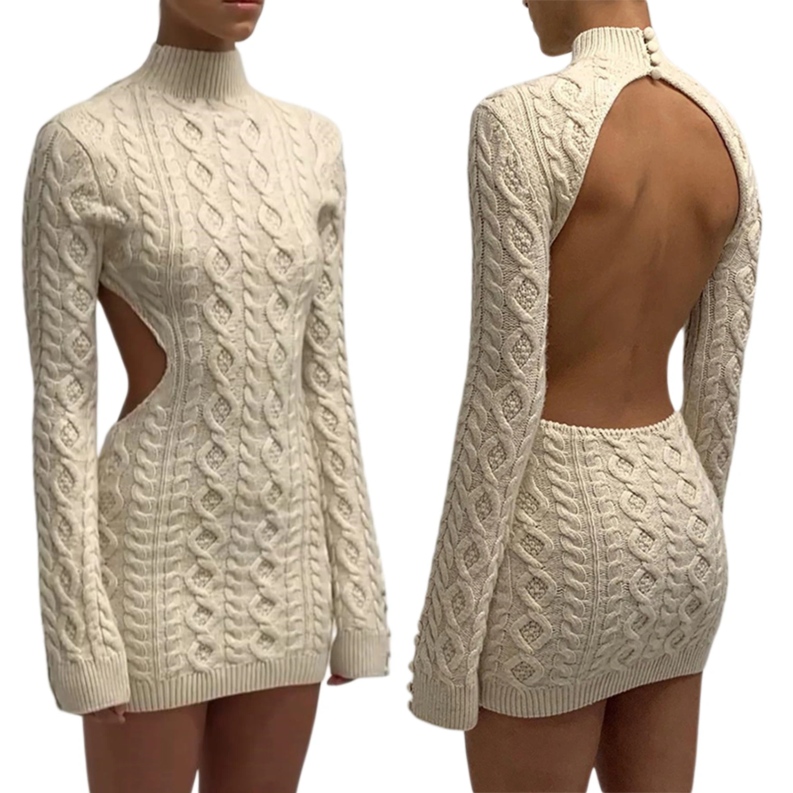VOLALO New Women Close-fitting Sexy Backless Knitted Dress Beige Solid Color Turtleneck Long Sleeve Pullover Tops Slim Dress
VOLALO New Women Close-fitting Sexy Backless Knitted Dress Beige Solid Color Turtleneck Long Sleeve Pullover Tops Slim Dress