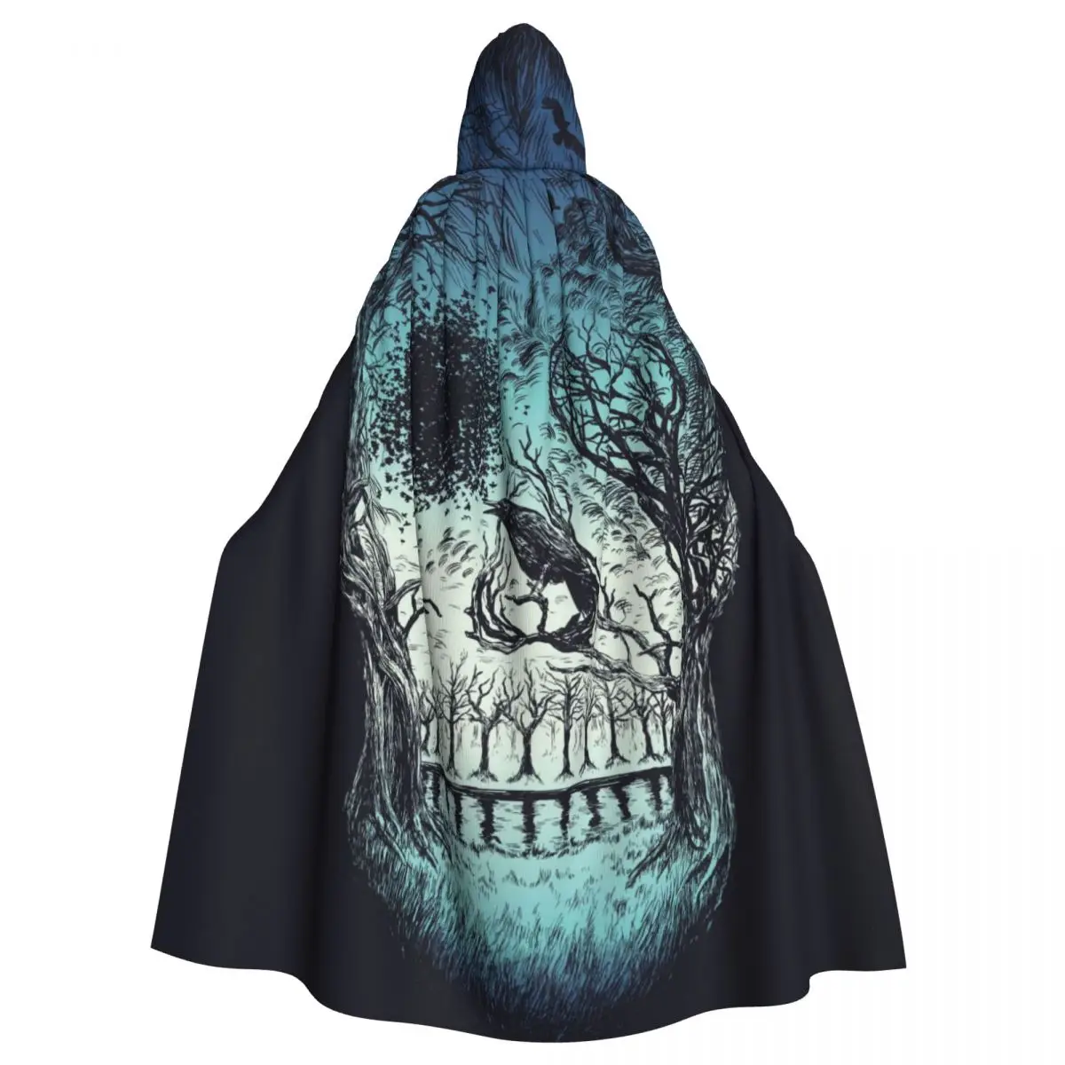 

Adult Cloak Cape Hooded Abstract Skull Trees With Black Crow Medieval Costume Witch Wicca Vampire Elf Purim Carnival Party
