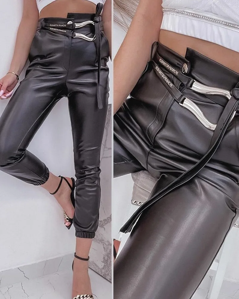 

PU Leather High Waist Belted Cuffed Pants Women Solid Color Ankle Length Fashion Casual Sexy Pencil Pants Trousers